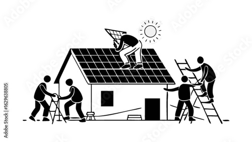 Solar panel installation team installing photovoltaic panels on roof for renewable energy and sustainability