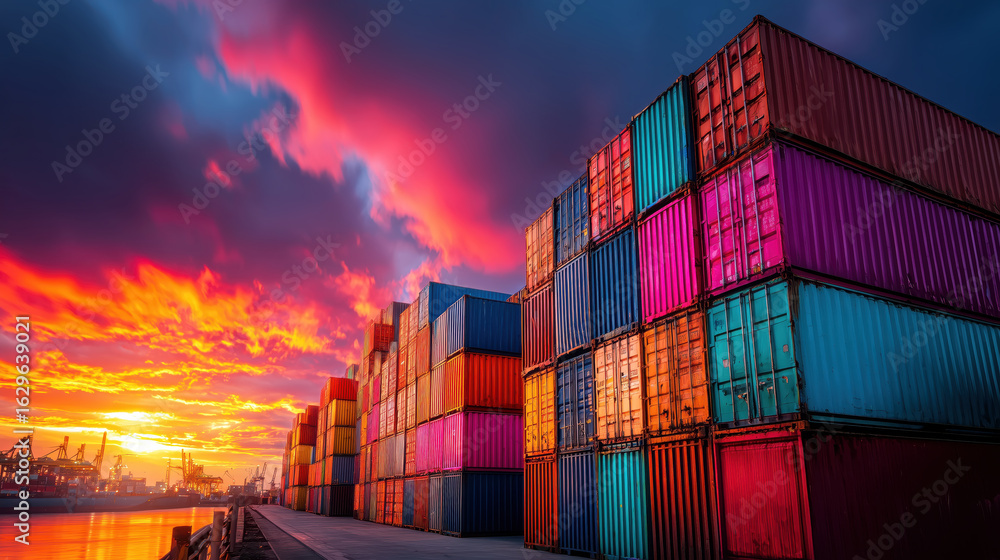 Fototapeta premium Colorful Shipping Containers at Sunset by the Port with Dramatic Cloud Effects and Reflection