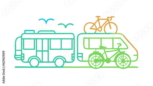 Explore outdoors with bus and trailer carrying bicycles for adventure travel and recreation trip planning