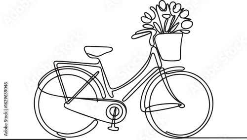 Continuous one line drawing of a vintage bicycle with a front basket full of blooming flowers, blending retro charm and natural elegance

