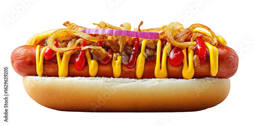 A tempting hotdog isolated on transparent background, featuring a grilled sausage in a soft bun, generously drizzled with mustard and ketchup, and topped with fried onion and sliced red onion