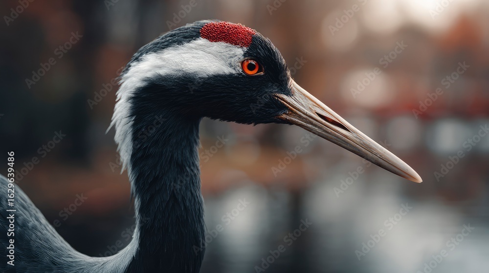 Fototapeta premium Close-up of a crane with detailed plumage and focused eye, neutral soft bokeh, soft ambient light, depth of field