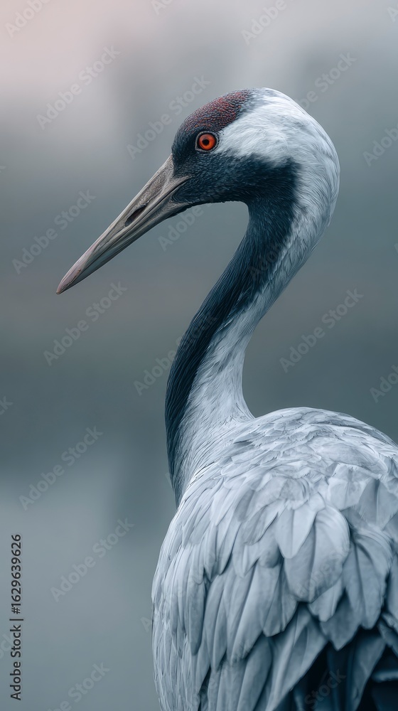 Obraz premium Close-up of a crane with detailed plumage and focused eye, neutral soft bokeh, soft ambient light, depth of field