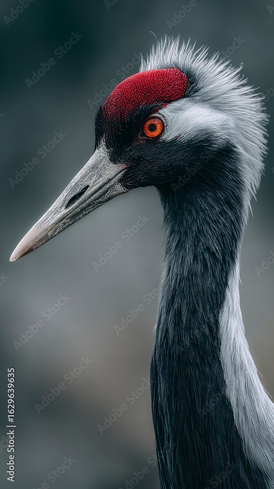 Fototapeta premium Close-up of a crane with detailed plumage and focused eye, neutral soft bokeh, soft ambient light, depth of field