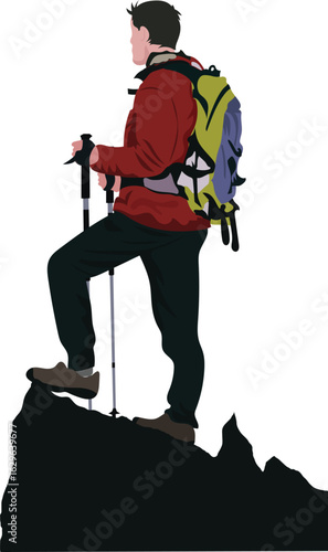 Hiker with backpack and trekking poles for adventure on mountain top , travel and journey. Cartoon style vector illustration on isolated background.