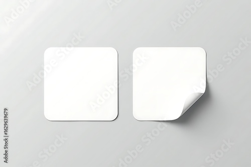 Blank square sticker mockup template, white adhesive label with corner peel, realistic paper tag design