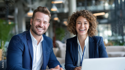 Professional Smiling Business Team in Modern Office Environment with Laptop and Natural Light