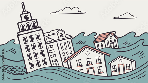 Flood disaster illustration of city buildings and houses submerged in water after a tsunami natural event