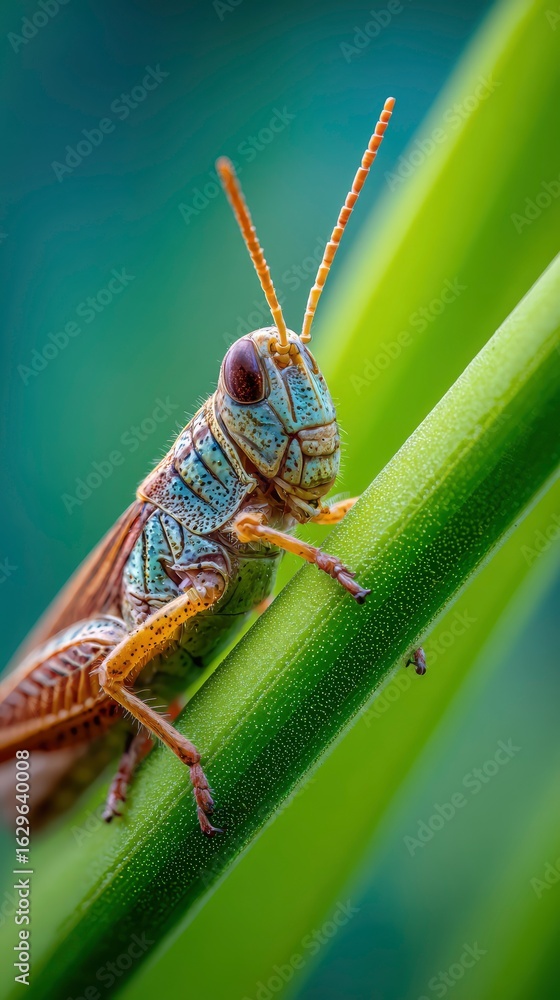 Fototapeta premium Close-up of a grasshopper on a bright green stem, saturated colors, cinematic macro perspective