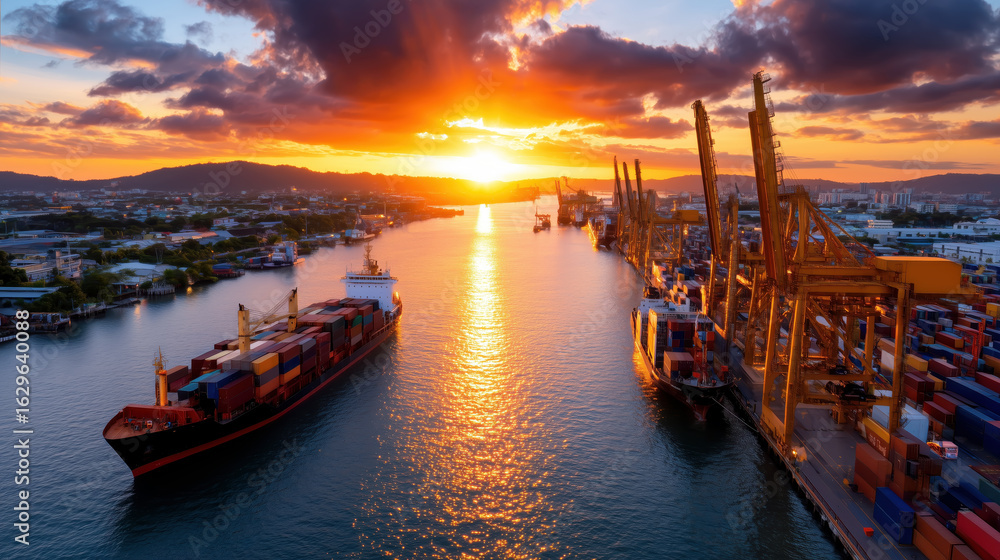 Obraz premium Majestic Sunset Over Port with Container Ship and Cranes Illuminated by Golden Light