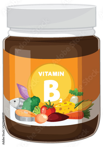 Vitamin B2 Supplement Jar with Healthy Foods Illustration