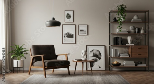 A stylish interior featuring a modern chair, artwork, and bookshelf creates a serene space.
