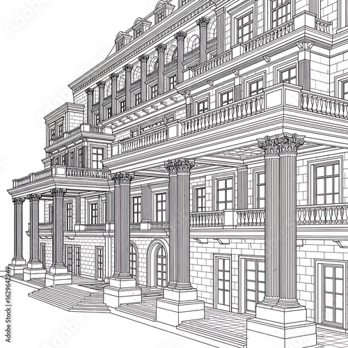 Architectural drawing of a grand building facade.