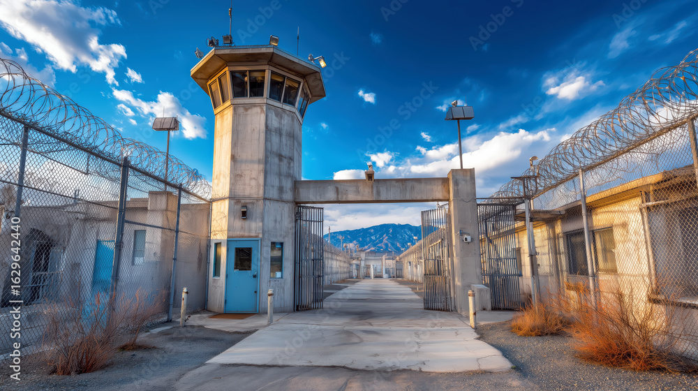Fototapeta premium Abandoned Prison Facility with Guard Tower and High Fence under Dramatic Blue Sky