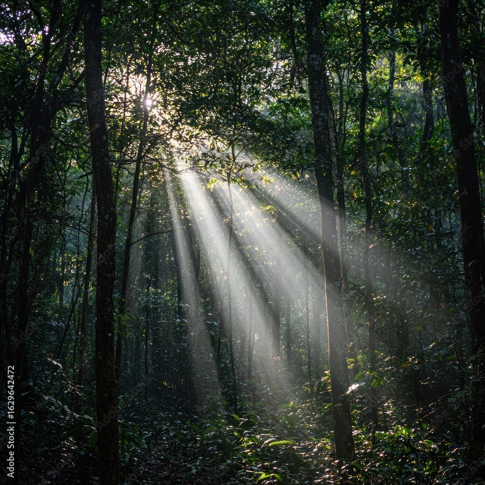 Fototapeta premium Sunlight streams through a dense forest canopy