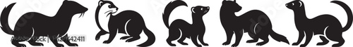 Collection of Playful Mustelids Black Silhouette Art Depicting Graceful Ferrets and Ermines Leaping and Posing