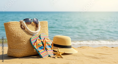Beach essentials including a straw bag sunglasses flip flops hat and starfish on the sand near ocean