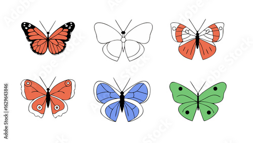 A vibrant collection of stylized butterfly illustrations, featuring various colorful designs and a simple line art icon on a white background.
