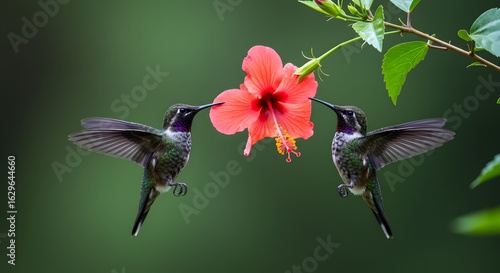 Two hummingbirds hovering near a red hibiscus flower with a blurred green background in a garden scene