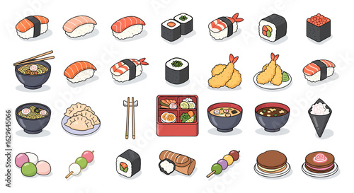 Colorful collection of Japanese food illustrations, featuring sushi, ramen, and tempura. Concept set of Asian cuisine icons.
