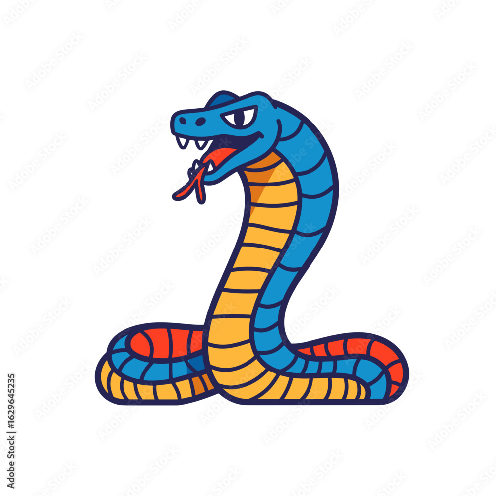 Fototapeta premium Cartoon snake with blue and orange pattern and forked tongue 
