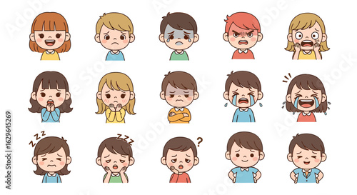 Set of cute cartoon children showing various emotions and facial expressions. A concept illustration of kids' feelings