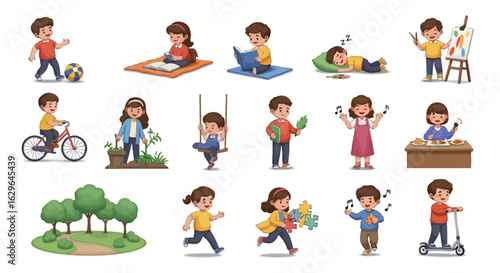 Childhood moments and daily activities concept. A collection of illustrations featuring children reading, playing, drawing, and enjoying outdoor fun.