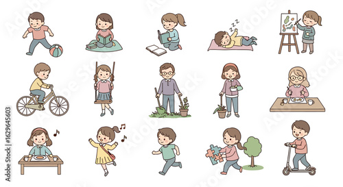 Collection of cute cartoon illustrations showing children and adults engaged in various daily lifestyle activities and hobbies