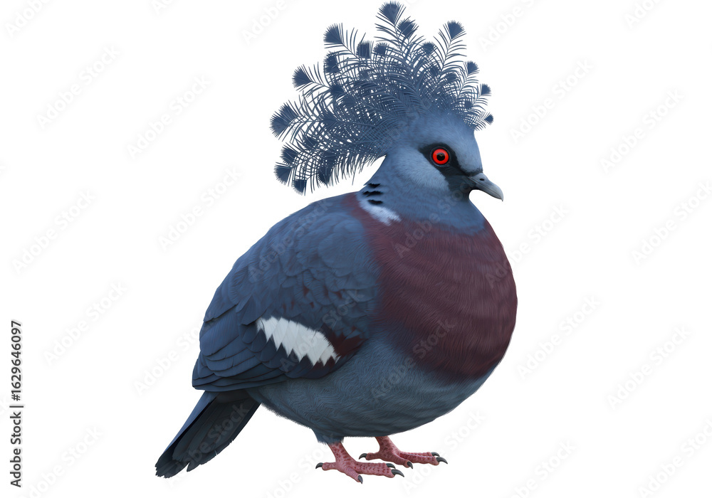 Fototapeta premium Isolated Majestic Victoria Crowned Pigeon with Blue Plumage and Red Eye