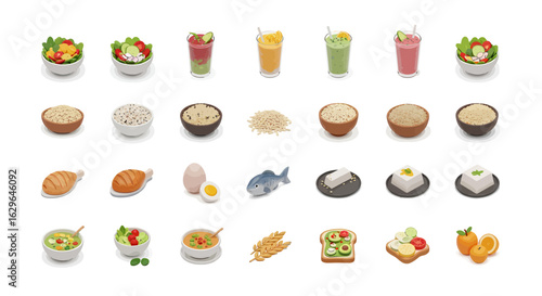 Isometric healthy food icon set. A diverse collection of illustrations showing balanced diet meals, including salads, smoothies, grains, and proteins.