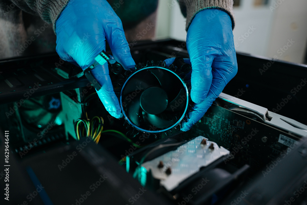 Obraz premium Closeup of technician in gloves holding CPU cooler and heat gun over desktop PC. Ideal image for computer repair, cooling system, and hardware