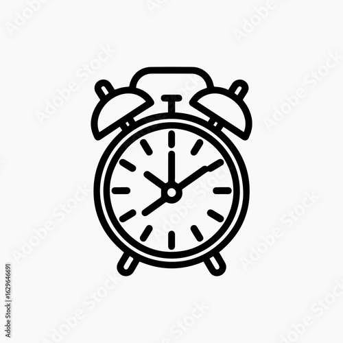 Bold outline of a classic alarm clock with bells and short hands.