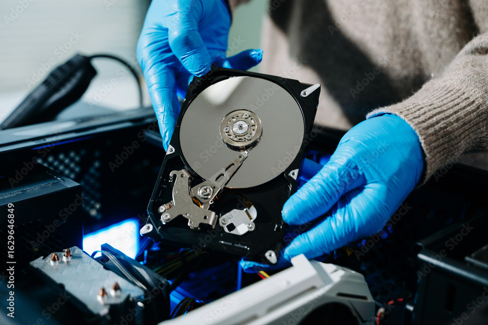 Obraz premium Closeup of gloved technician holding exposed hard drive above desktop PC. Ideal for data recovery, hardware repair, backup, and sensitive storage concepts