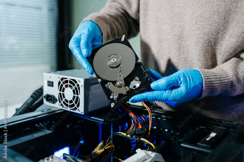 Obraz premium Hard disk drive on the technician's desk and a computer motherboard as a component. the concept of data, hardware, and information technology.
