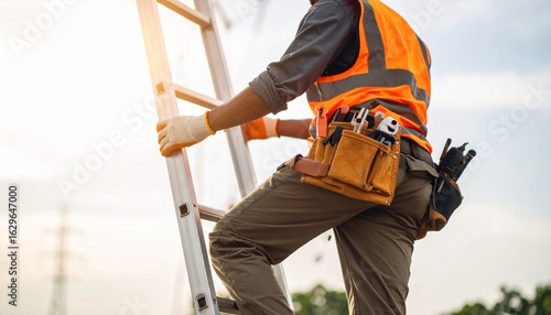 A technician in an orange safety vest and a leather tool belt climbs a metal ladder outdoors.