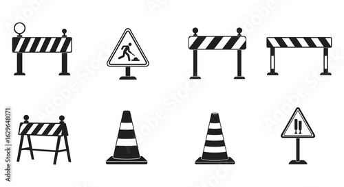 Collection of black and white icons representing road construction and safety equipment