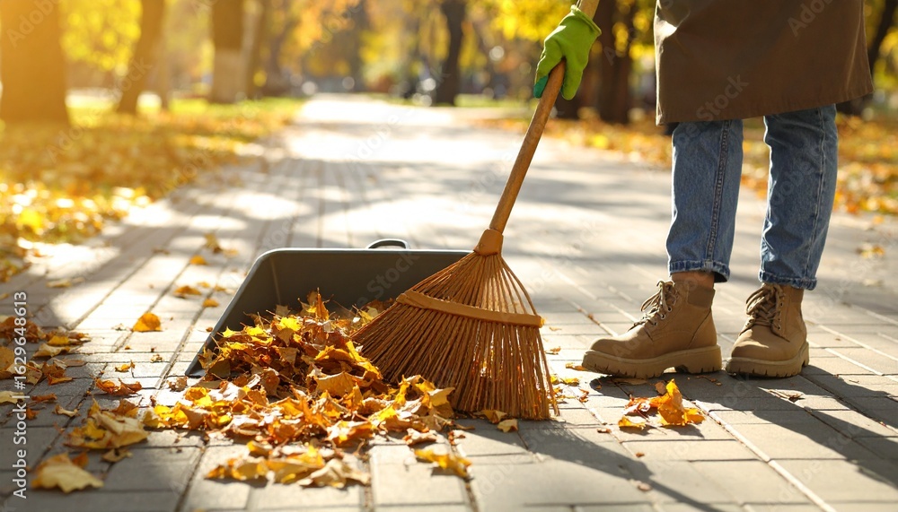 custom made wallpaper toronto digitalA person wearing boots sweeps golden autumn leaves from a paved walkway into a dustpan on a sunny day.