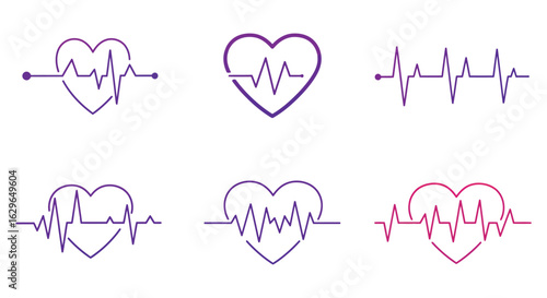 Set of six stylized heart shapes with electrocardiogram lines representing life and health