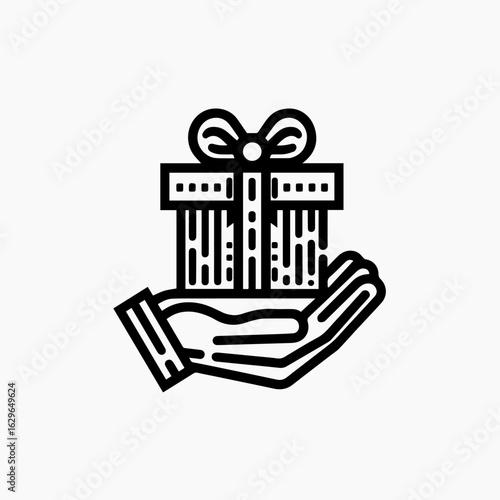 Hand Holding a Gift Box Icon in Simple Line Art Style.