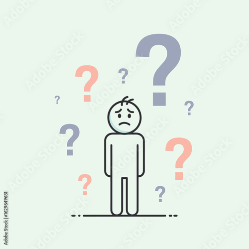A bewildered individual stands amidst a flurry of question marks, symbolizing deep uncertainty, complex decision-making, and unresolved problems.
