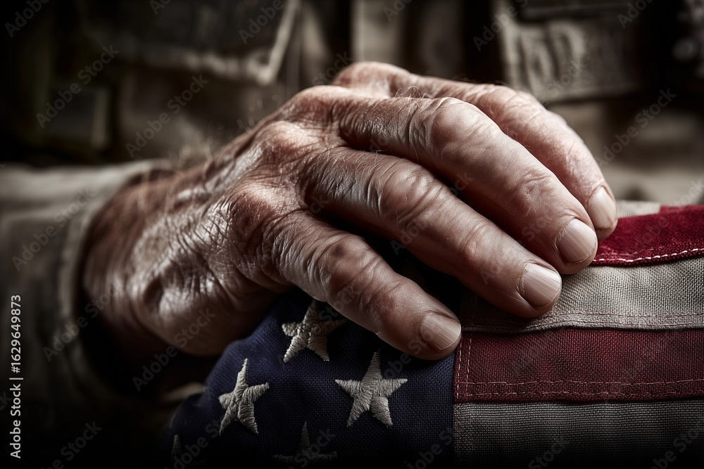 Fototapeta premium Veteran’s Hand on American Flag – Symbol of Sacrifice, Service, and Patriotism