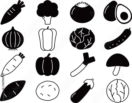 野菜のアイコン16種セット　モノトーン