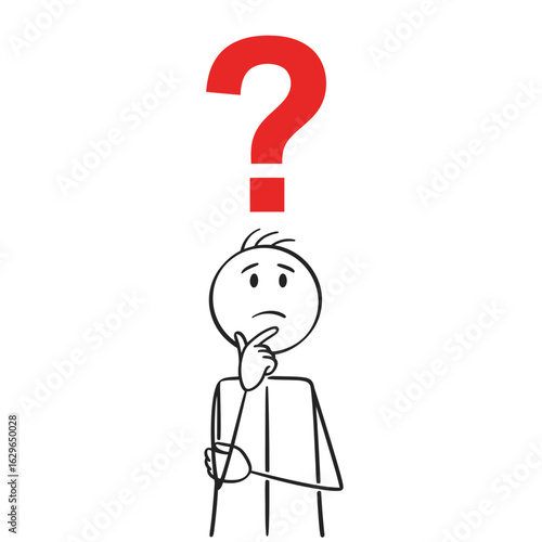 A thoughtful stick figure ponders a complex problem, symbolized by a prominent red question mark hovering above its head, representing doubt and inquiry.