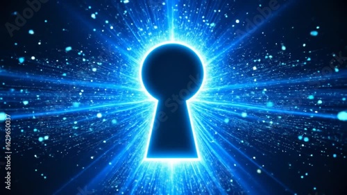 A dark keyhole shape is centered against a bright, radiating blue light on a dark background with scattered small light particles.