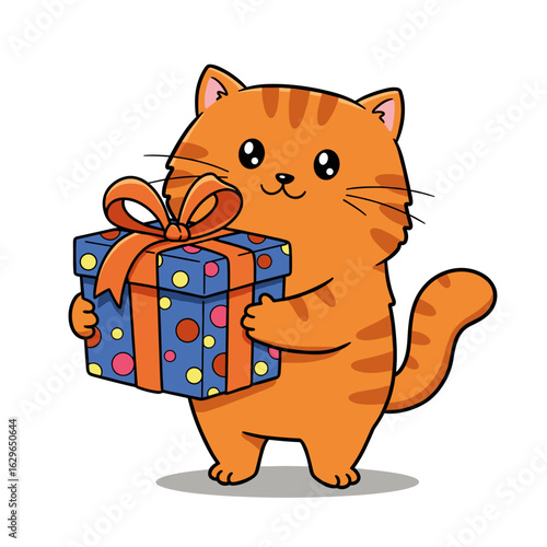 An excited orange tabby cat in a striped blue party hat holds a polka-dot gift box with a yellow ribbon, smiling brightly against a bold purple background.