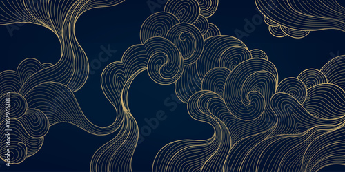 Vector japanese, chinese clouds background. Line golden asian sky pattern, curl drawn wind ornament, wave elegant poster.