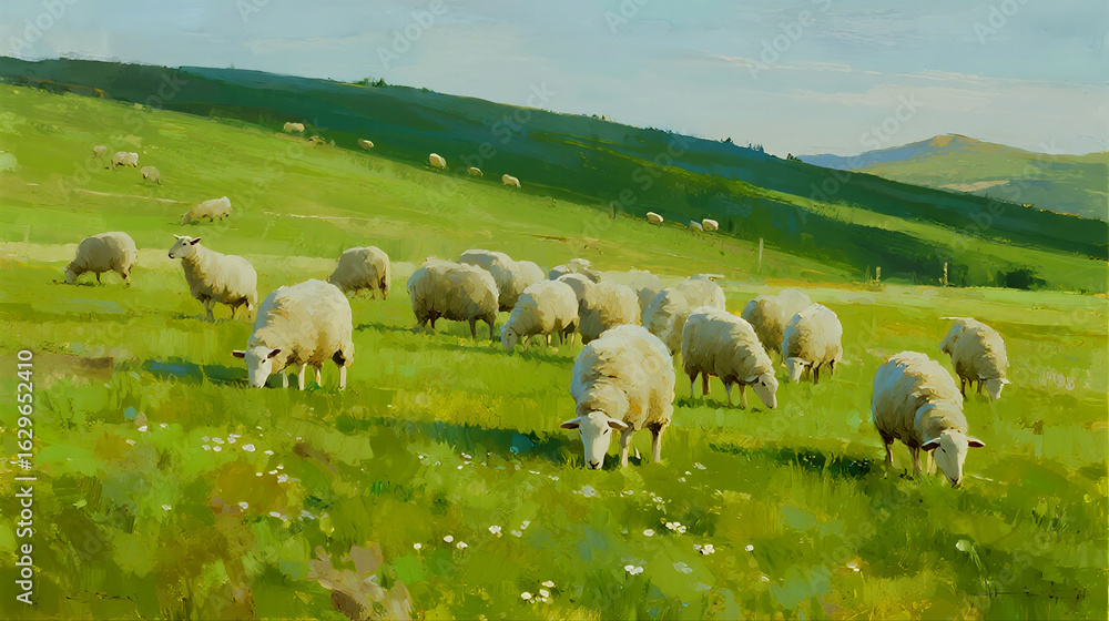 Fototapeta premium Flock of fluffy sheep grazing peacefully on a vibrant green hillside under a soft sky