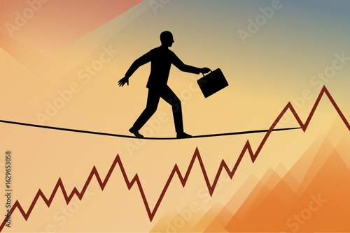 Abstract representation of risk - a tightrope walker balancing a briefcase over a line chart