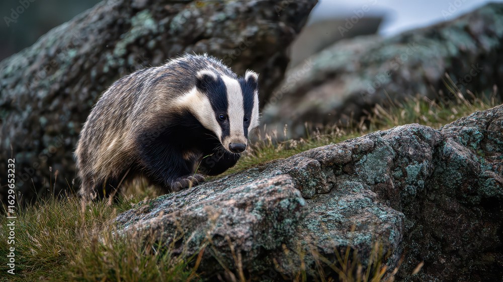 Obraz premium Badger Exploring Rocky Outcrop Natural Light