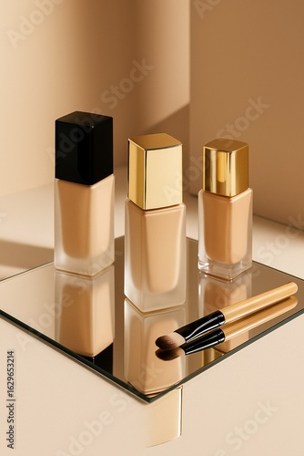 Foundation Bottles with Gold Accents on Mirrored Surface and Beige Backdrop